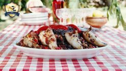 STUFFED SQUID ON BLACK RICE